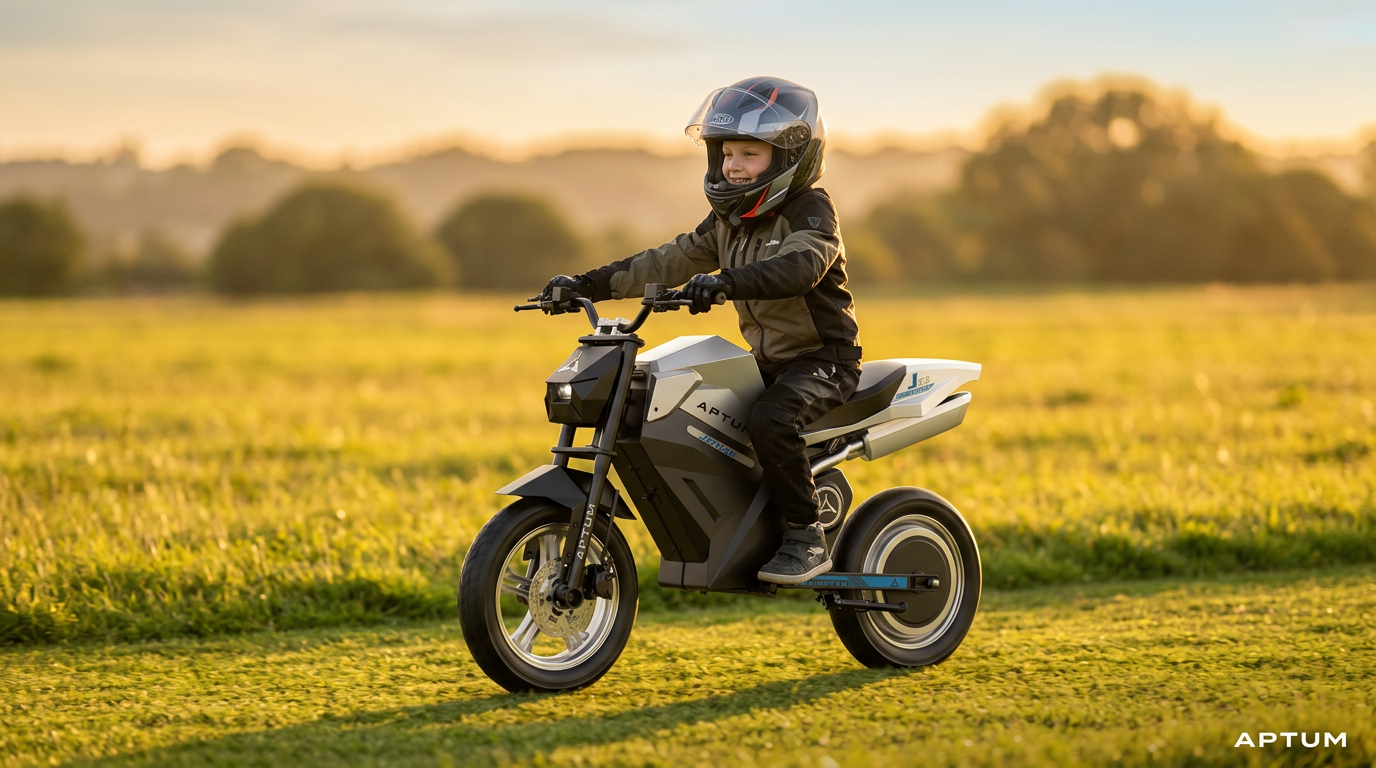 Child riding the APTUM MINI-ADV electric bike at sunset